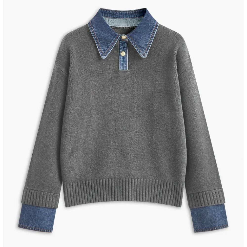 Commense Gray Sweater with Denim Accents